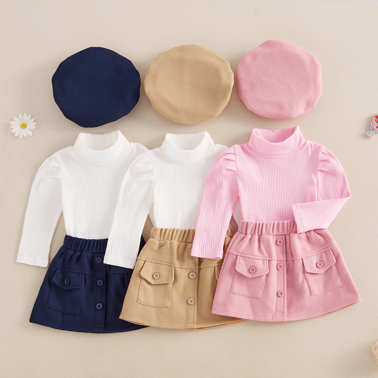 1-5Y Kids Girl 3 Piece Outfit Solid Color Long Sleeves Tops and Button Elastic Skirt Beret Hat Set Cute Autumn Children's Sets