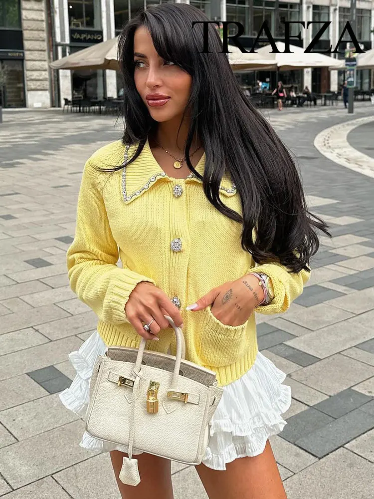 TRAFZA Women Knitted Tops Yellow Turn-Down Collar Long Sleeves Rhinestones Single Breasted Female Summer Casual Cardigan TRAF