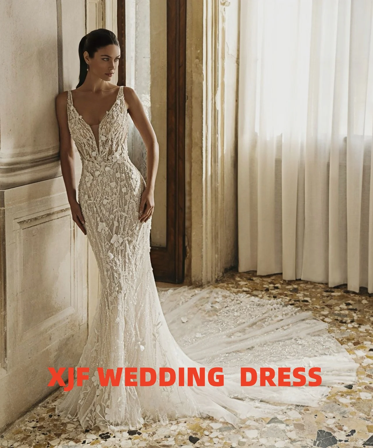 فستان زفاف مخصص برقبة على شكل حرف V بدون أكمام حورية البحر أماندا نوفيا فيستدوس دي نوفيا أماندا