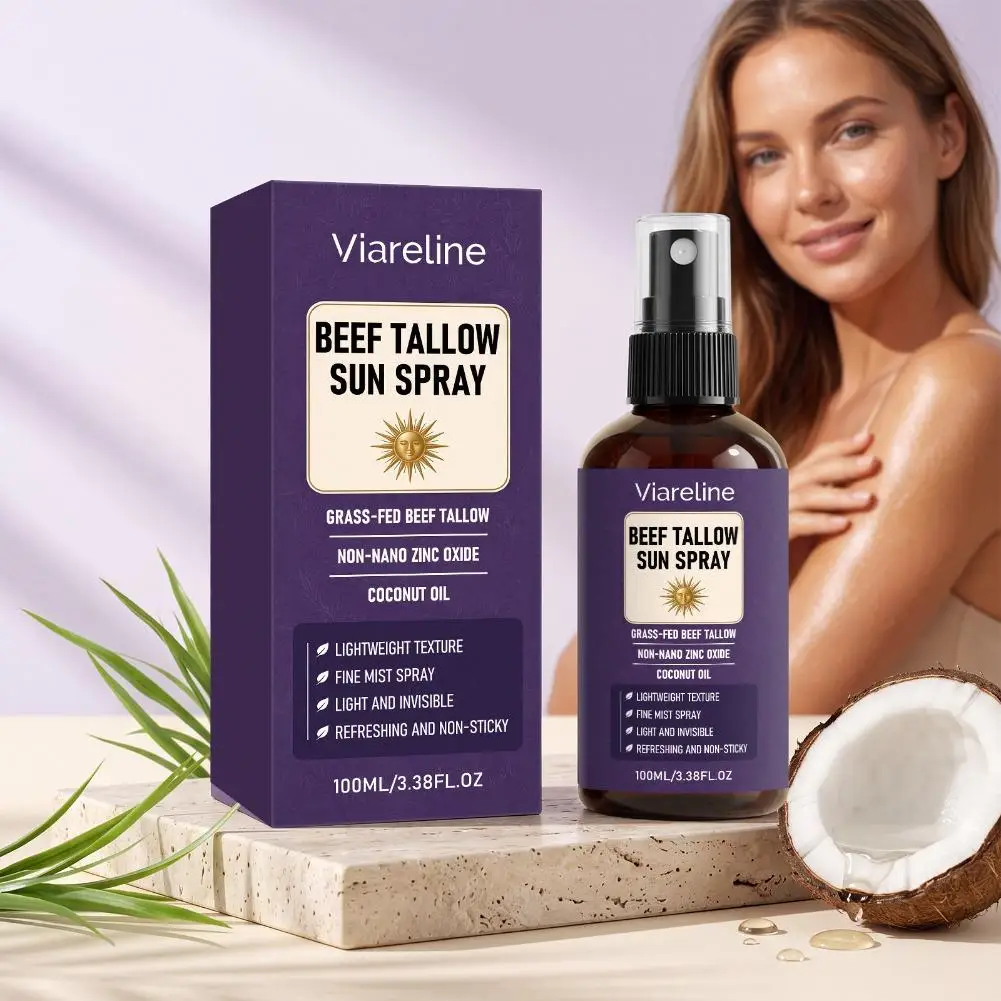 Refreshing Summer Outdoor Face Body Sunscreen Mist 100ml Coconut Oil UV Protection Light Spray Grass-Fed Beef Tallow Sun Spray