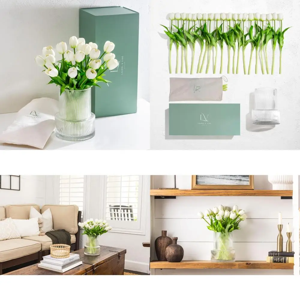 Set de regalo de tulipanes blancos artificiales: 20 tallos en jarrón de vidrio acanalado transparente con elegante diseño estriado para decoración del hogar