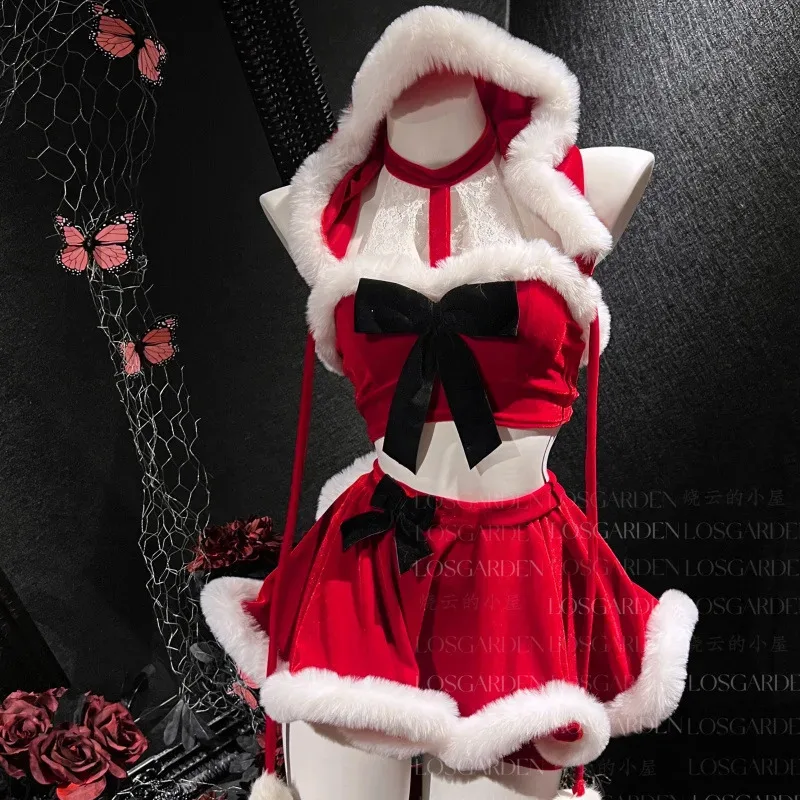 Christmas Costumes for Women Hanging Neck Top with Hat Fancy Dress Set Xmas Party Adult Red Hat Santa Cosplay Costume