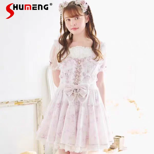

2025 Japanese Liz Dress Lolita Sweet Girls Women's Summer Short Sleeve Rose Ribbon Bow Short OP Afternoon Tea Princess Dresses