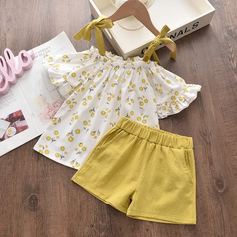 Summer Casual Girls Clothing Sets Kids Clothing Sets Sleeveless Floral T-shirt + Shorts Pants 2Pcs Suit Bow Children Girl Suit