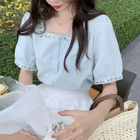 단추 스퀘어 칼라 자수 셔츠 및 블라우스, 한국 탑 2024, 우아한 청소년 여성 블라우스, 반팔 의류, 여름 신상