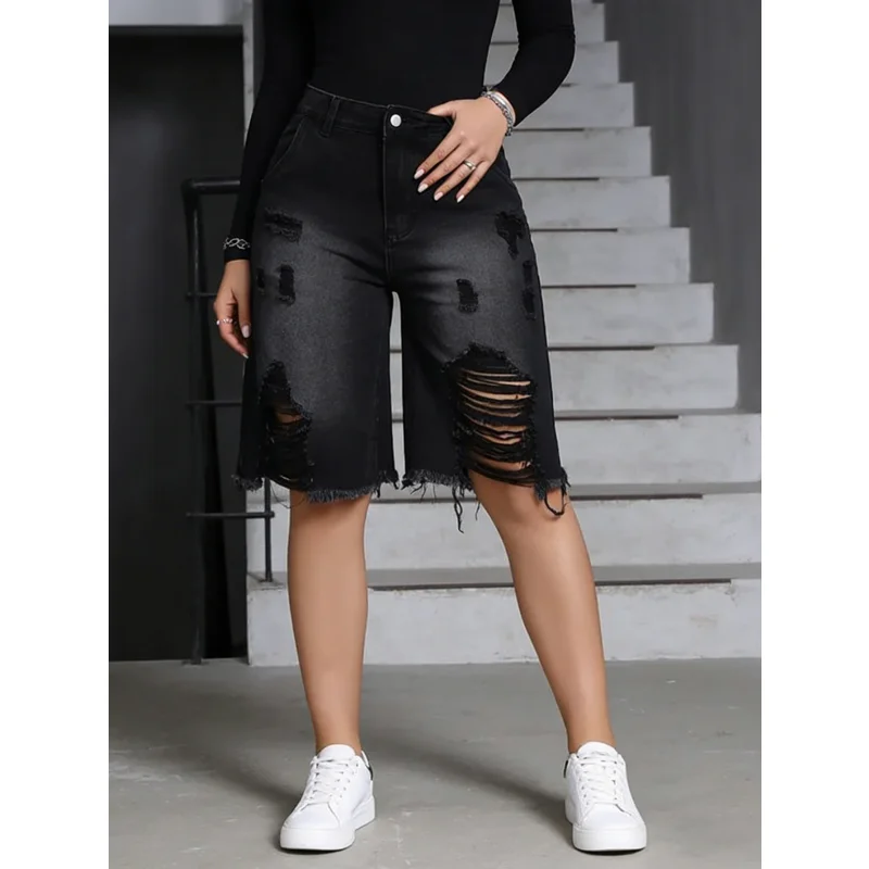 Damen-Jeansshorts - Amerikanischer Casual-Stil Schwarze Nicht-Dehnbare Zerrissene Loose-Fit Vielseitige Denim-Shorts für Frühling und Sommer