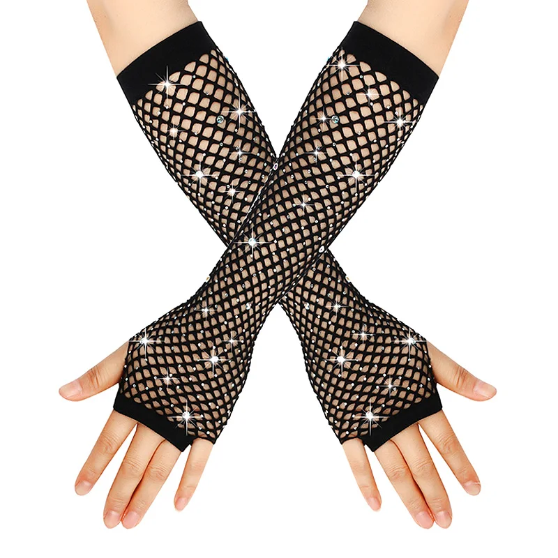 Guantes largos de rejilla para mujer, manoplas de malla con diamantes de imitación brillantes, sin dedos, estilo Punk, para Club nocturno, 1 par