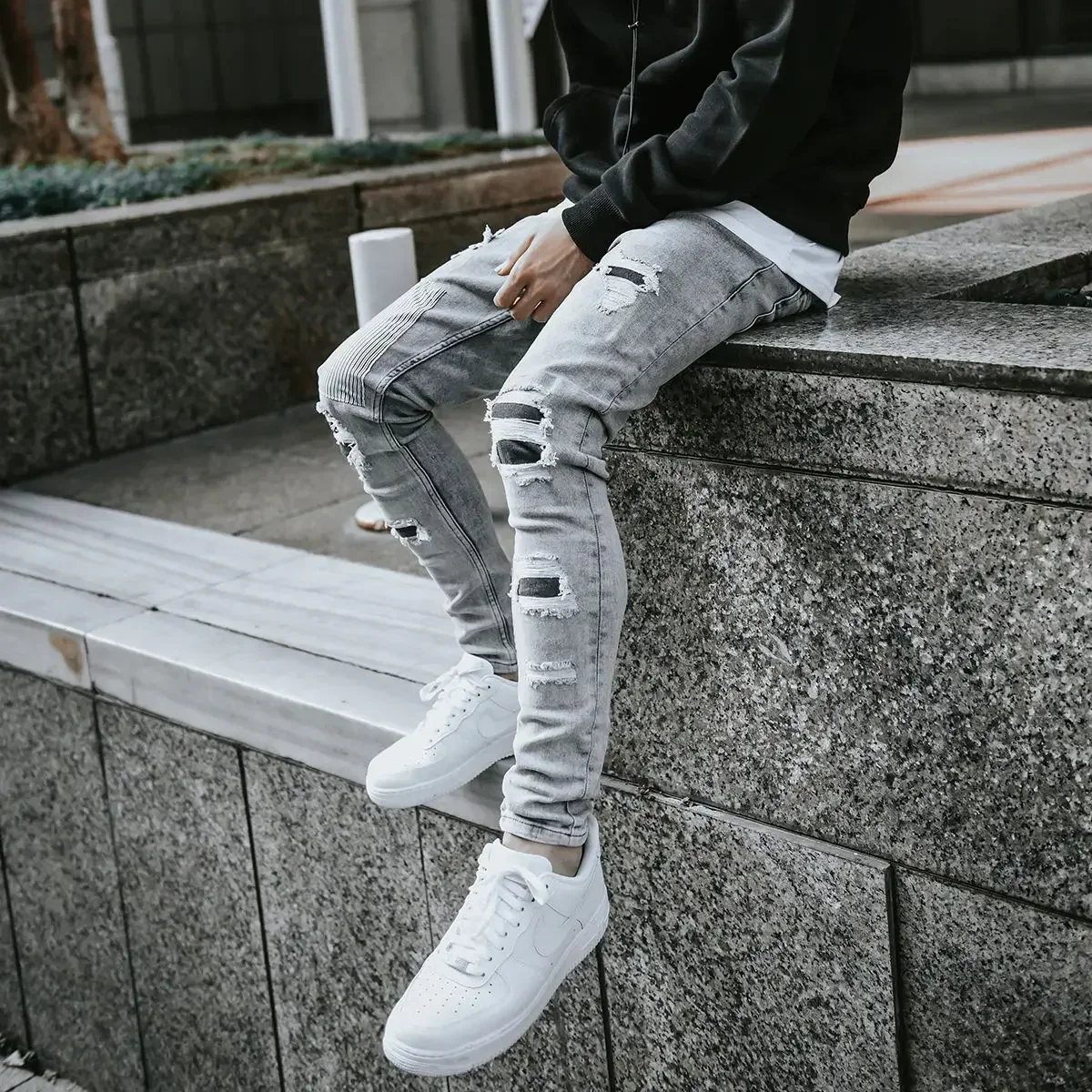 Men Jeans Denim Pencil Pants Holes Washing Slim Fit High Street Zipper Sheath Mid Waist Patchwork Ankle Length Solid Pockets