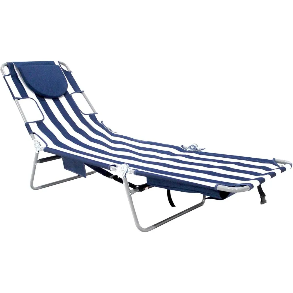

Beach Lounge Chair, Folding & Reclining Outdoor Backpack Chaise Lounger, Navy/White Striped