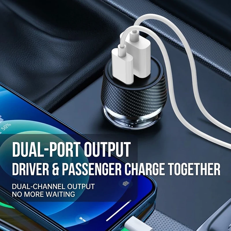 Fast Car Charger 60W Dual Port Adapter PD30W Type C & USB A Charging Station For Smartphone Tablet Travel For iPhone 18 17 Pro