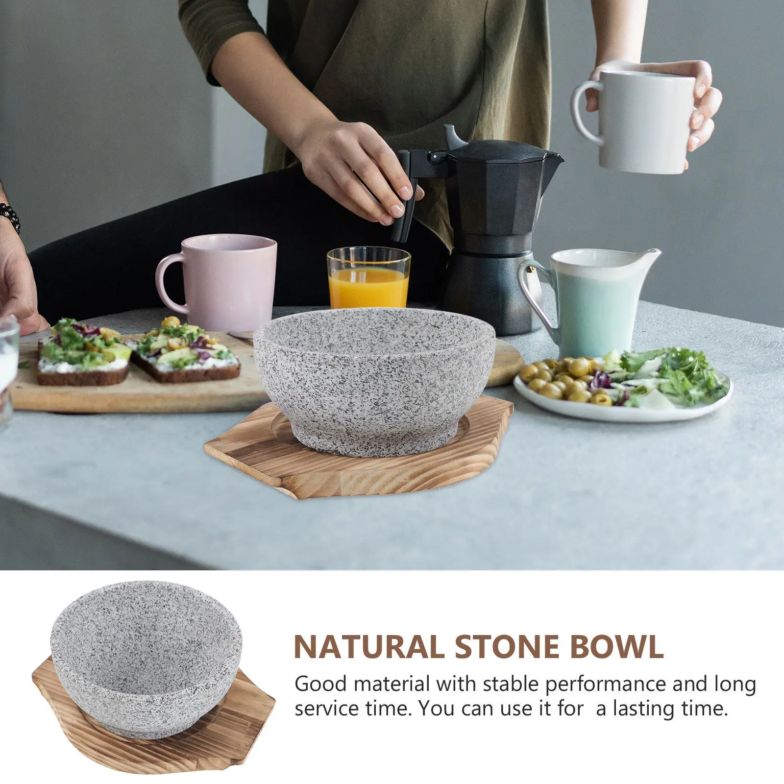 

1Set Korean Stone Bowl Set with Wooden Tray Safe Reusable Bibimbap Bowl for Soup Noodle Braised Food Even Heating Kitchen Dining