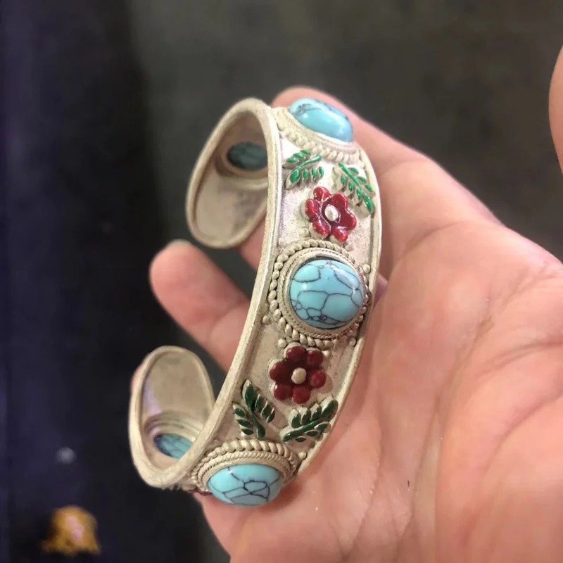 

Антикварный тибетский браслет Cloisonné с инкрустацией бирюзой Мяо, серебряный браслет в этническом стиле, ювелирные изделия