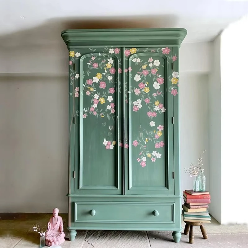 yjq French retro solid wood wardrobe antique two-door hand-painted wardrobe bedroom storage cabinet
