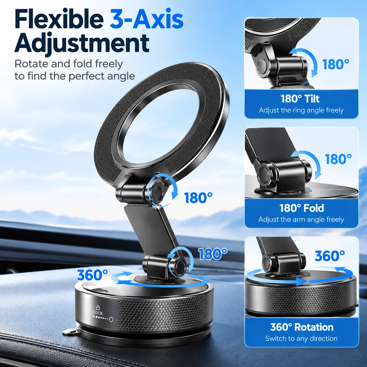 Compact Foldable MagSafe Car Phone Holder, 78+LBS Strong Suction 2400gf Magnetic 360° Adjustable Car Mount for iPhone 18 17 16 1