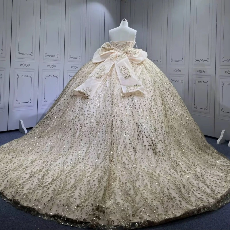 الشمبانيا لامعة فساتين Quinceanera قبالة الكتف الديكور كريستال القوس تول حفلة عيد ميلاد الحلو 16 فستان Vestidos 15 Anos