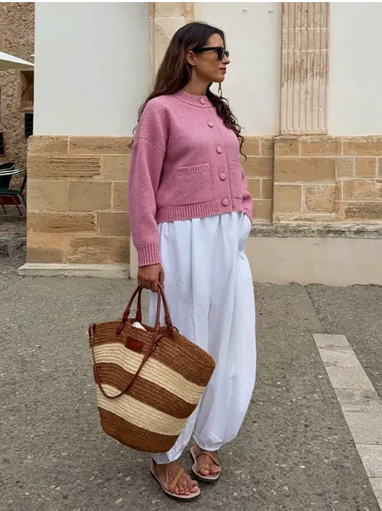 Schokoladen-Cardigan für Damen, Strickwaren, 2025, Herbst, lässig, dick, warm, langärmelig, einreihig, All-Match-Pullover, O-Ausschnitt