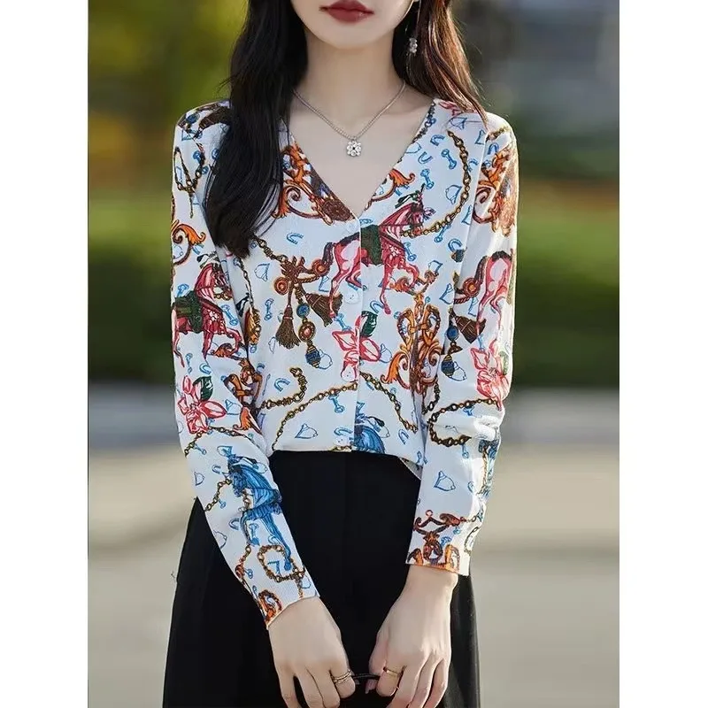 2024 Autumn Printed Knitted Cardigan Women Vintage V-neck Long Sleeve Single Breasted Female Sweater Fashion Lady Knitwear Tops