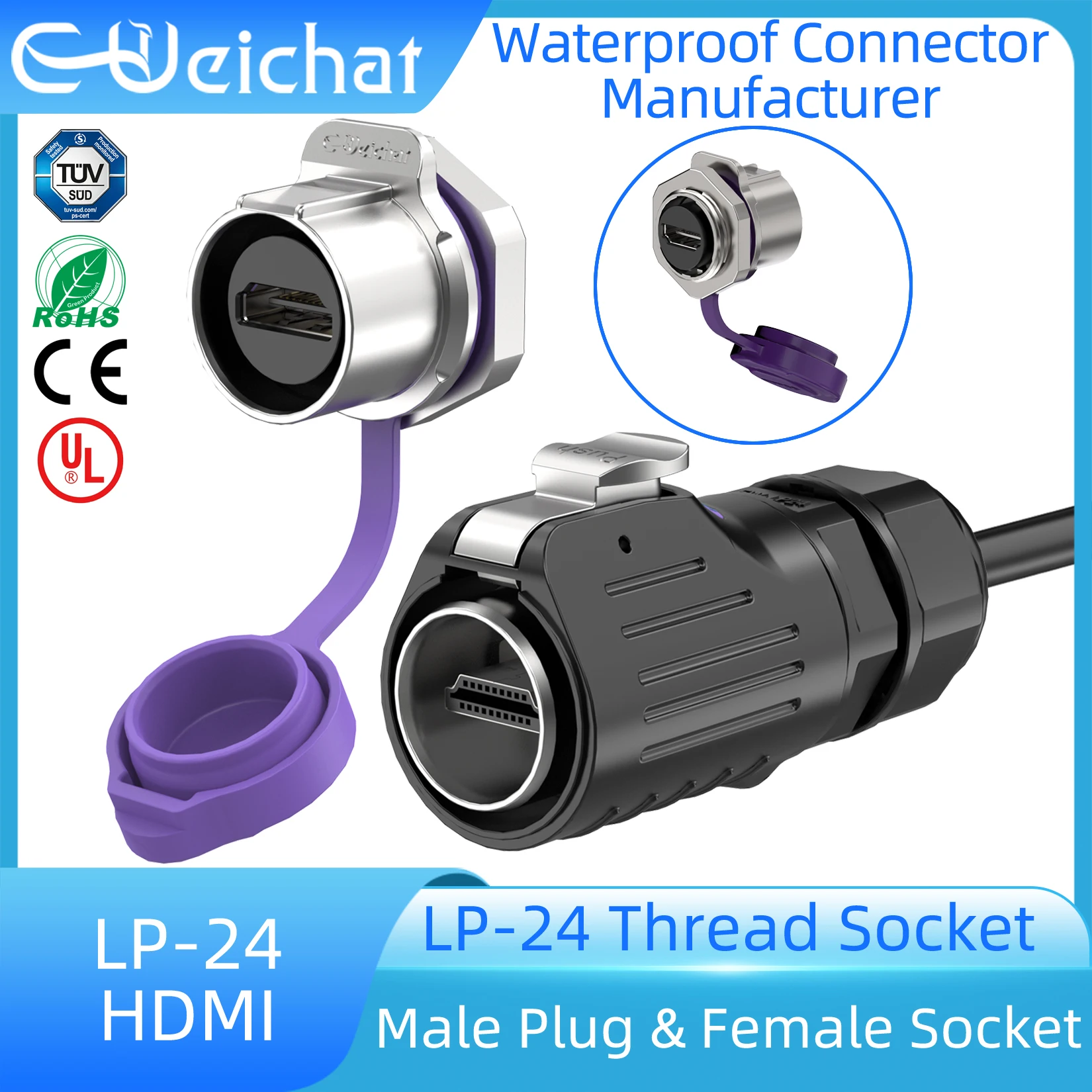 

Industrial HDMI Waterproof Connector IP67 LP24 M24 HDMI Connector HDMI Socket Data Adapter Panel Mount Plug With 1m Cable Wire