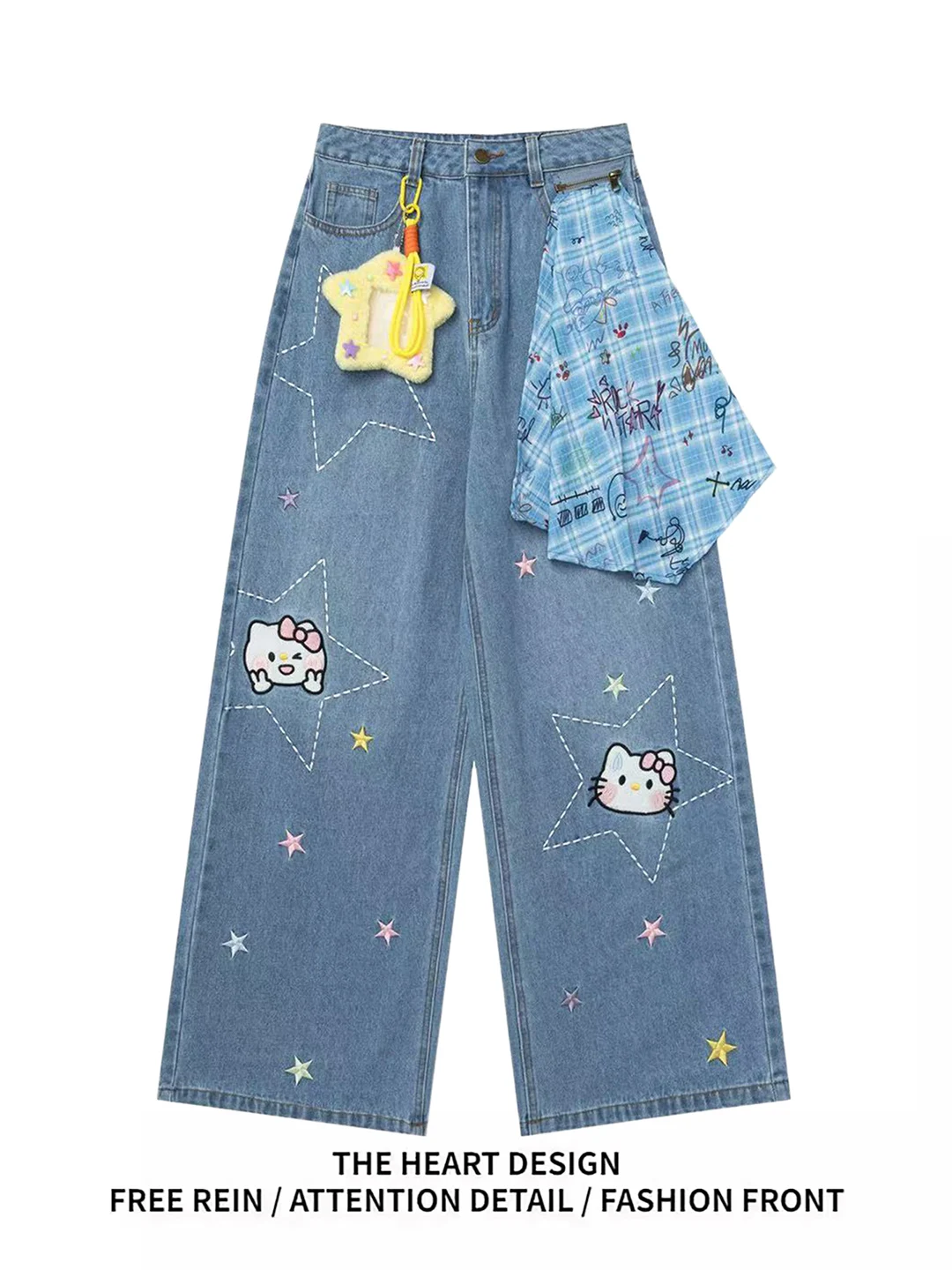 

Retro American Embroidery Plaid Star Women's Jeans Summer Loose Design Long Pants High Waist Wide Leg Casual Blue Denim