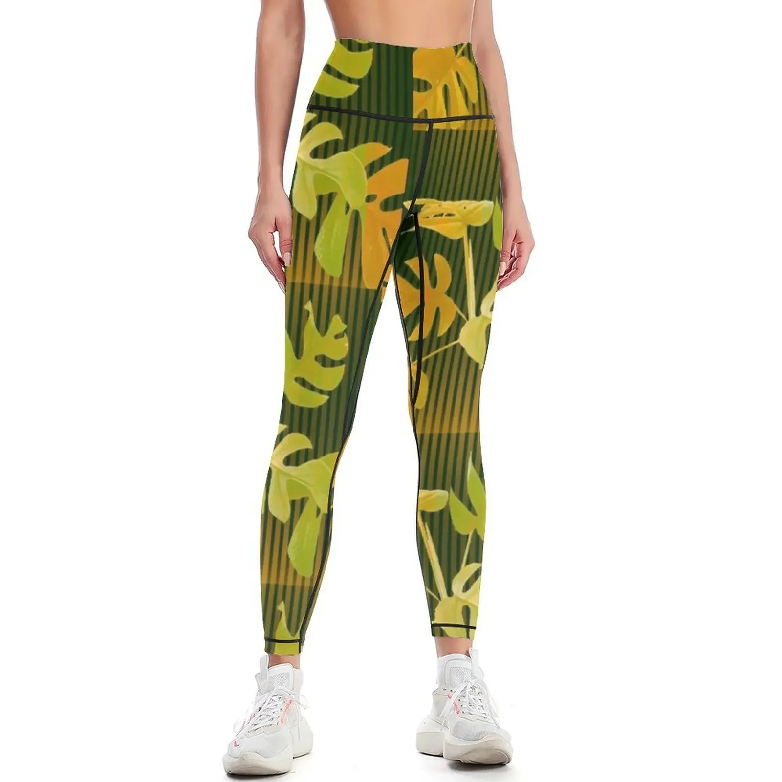 

Green Plants Stripes Garden Yellow Zen Botanical Floral Leaves Vintage Modern Plant Lover Greenery Leggings