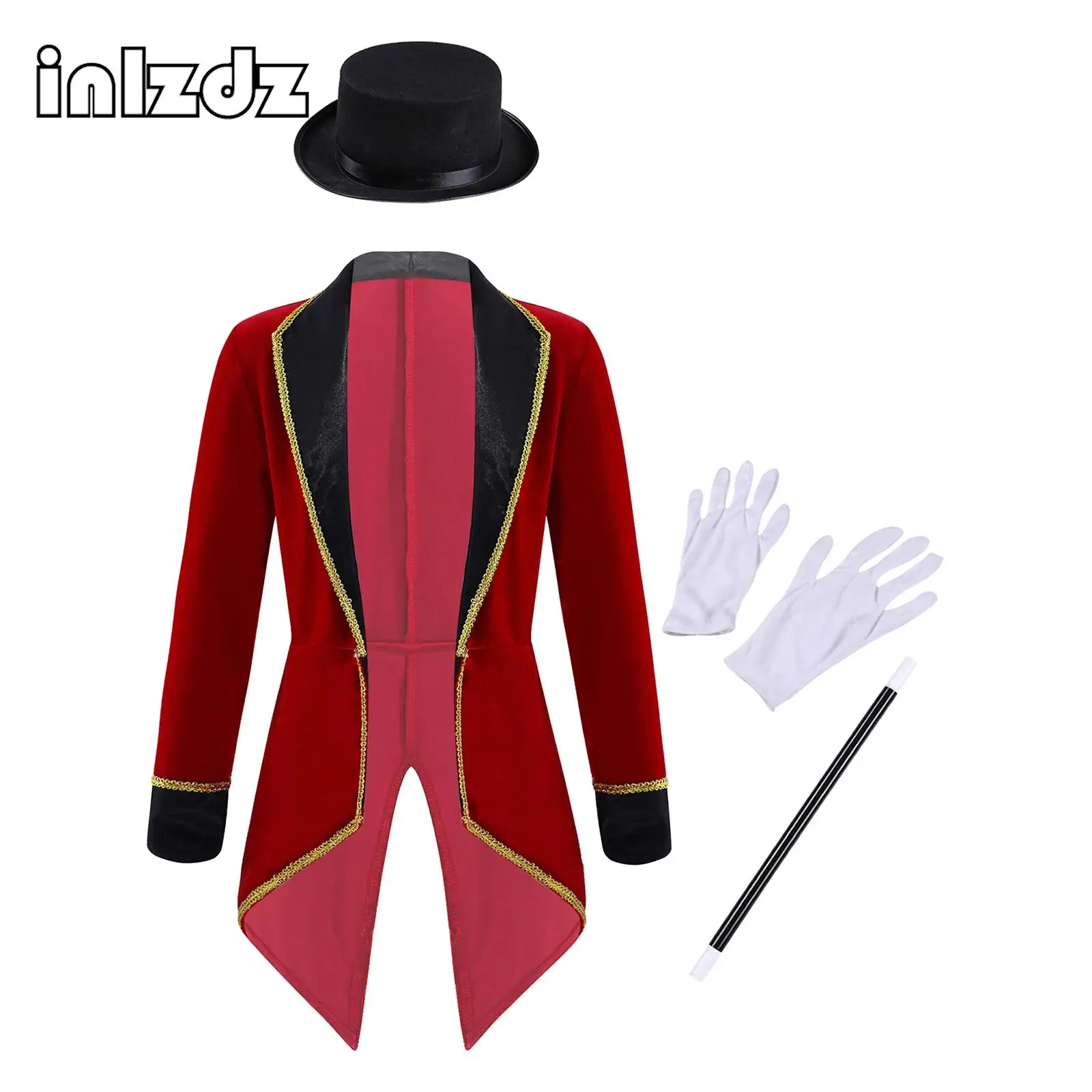 Circus Ringmaster Showman Magician Costume para crianças, Dia das bruxas, Tailcoat, Jaqueta, Chapéu, Luvas, Roupas extravagantes, Meninos, Meninas