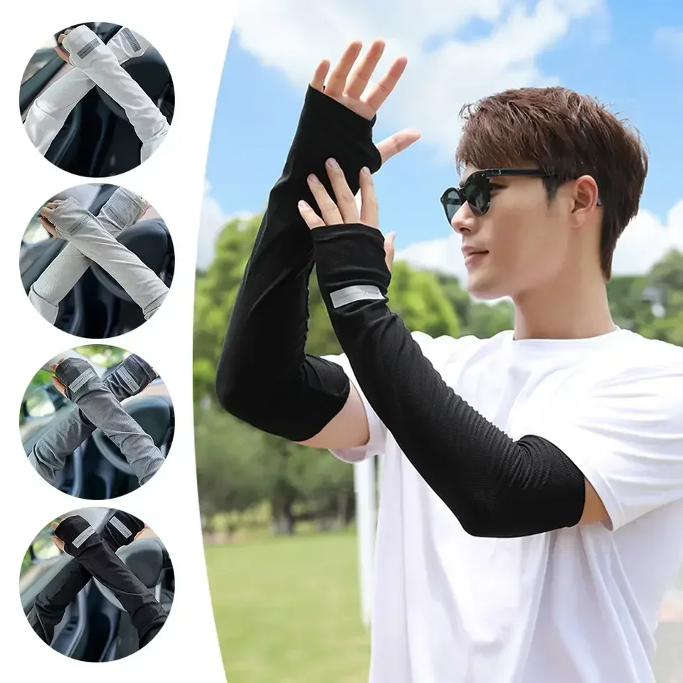 1Pair Summer UPF50+ Cool Ice Silk Cycling Arm Sleeves for Unisex Outdoor UV Sun Protection Loose Large Size Breathable Arm Cover