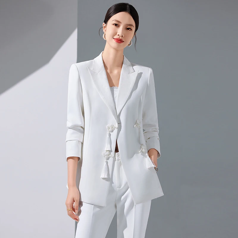 ZJYT Chinese Style Women Jacket Pant Sets Two Piece Elegant White Black Outfit Business Formal Blazer Suits Trousers Office Lady