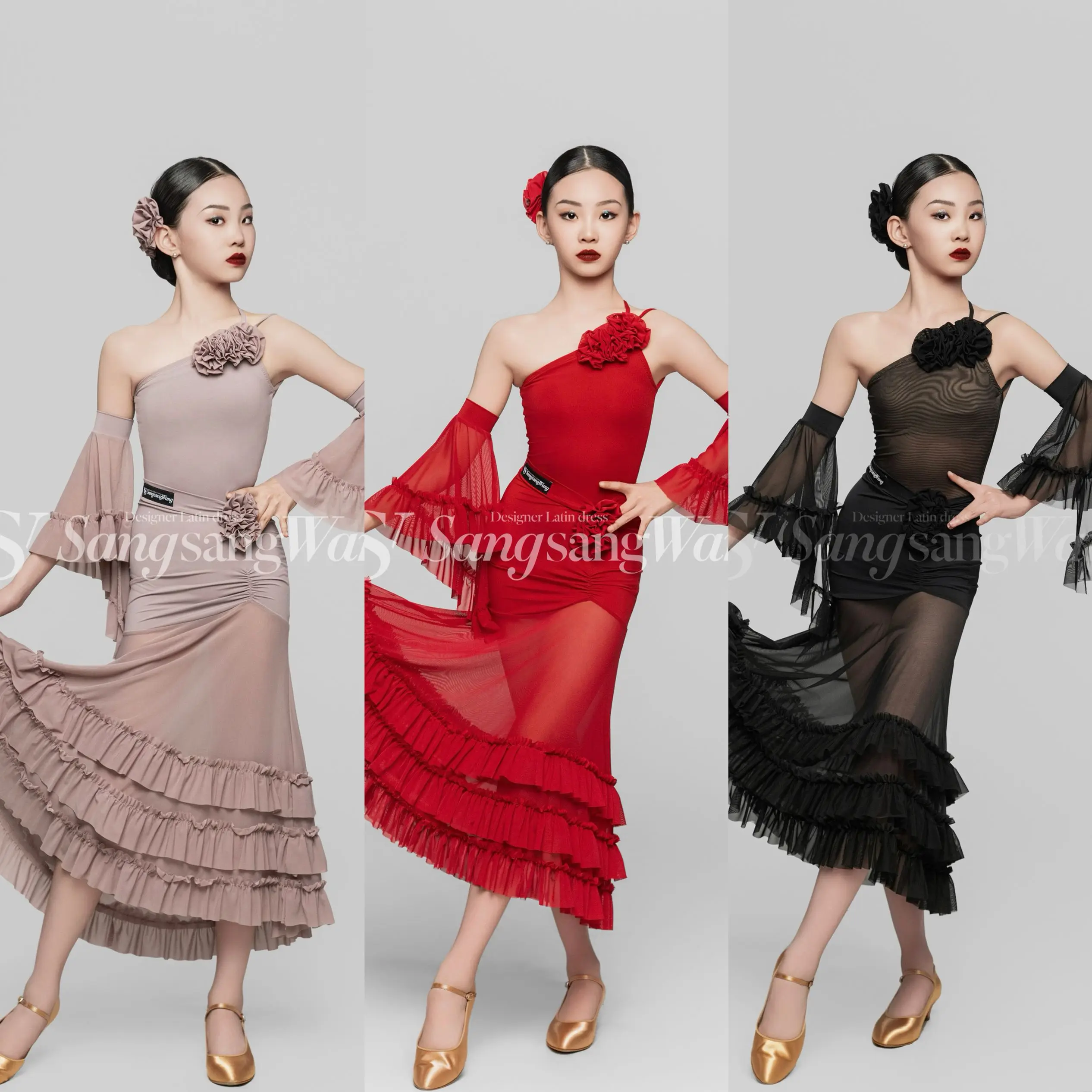 Girls Ballroom Dance Competition Dress Kids Latin Dance Costume Slant Shoulder Tops Mesh Ruffled Skirt Practice Clothes DNV20327