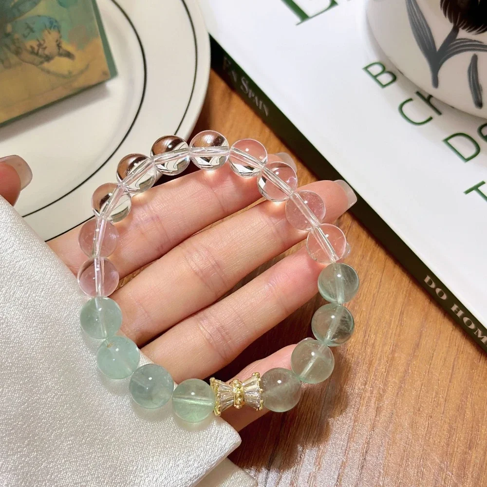 

Natural 10mm Green Fluorite White Crystal Women's Light Luxury Fashion Bracelet Bracelet, Niche Design