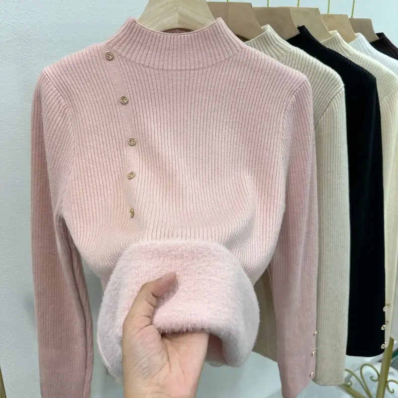 

2024 New cashmere sweater Autumn and winter women's Half Turtleneck knitted pullover Thicken Velvet Lined Warm sweater Top