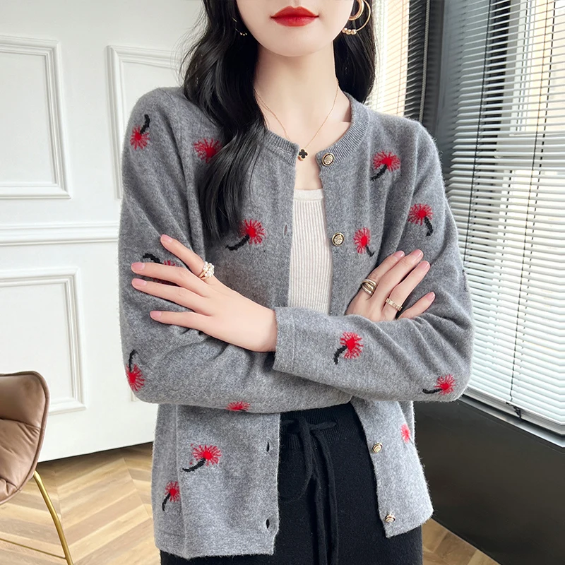 Spring Autumn New Women\'s Clothing 100% Pure Wool Round Neck Knitted Cardigan Fashion Embroidered Tops Short Korean Edition Coat