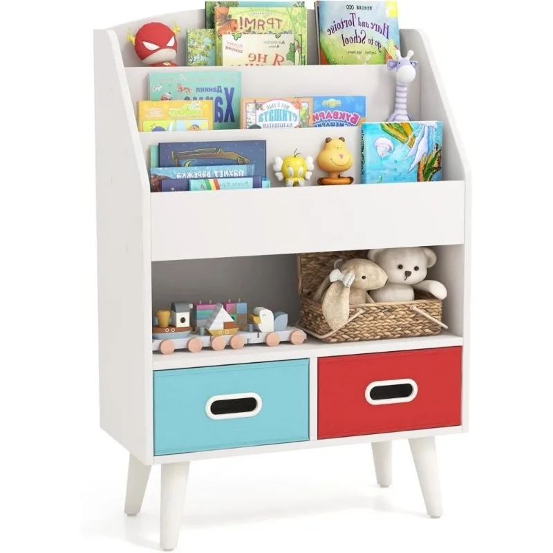 

Kids Bookshelf 3 Tier Wood Bookcase Toy Storage Organizer with Bins Nursery Playroom