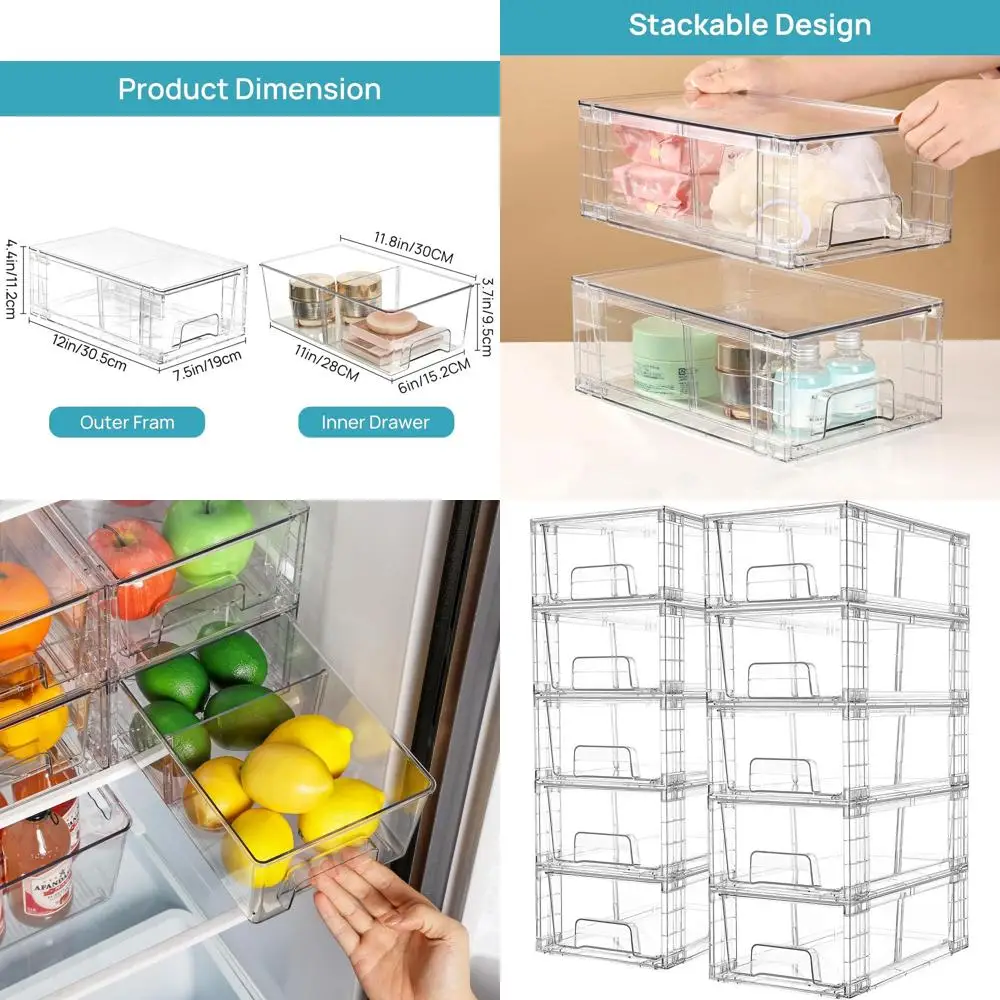 

Stackable Clear Acrylic Drawer Organizers with Handles for Bathroom, Kitchen, Cabinet, and Pantry Storage