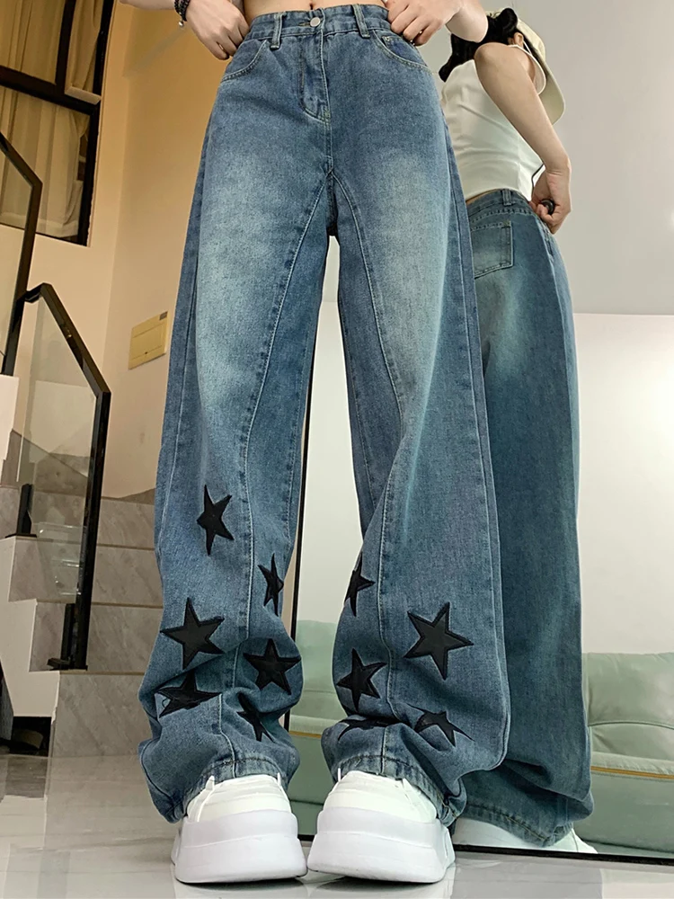 

Woman American Retro High Waist Star Patch Straight Leg Pants High Street Unisex Punk Washed Oversized Straight Leg Loose Jeans