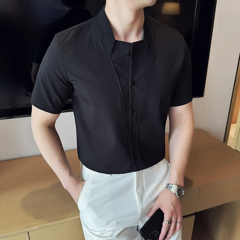2025 Summer Stand Up Collar Short Sleeved Shirt Men Business Casual Fashion No Ironing Shirt Personalized Design Men Clothing