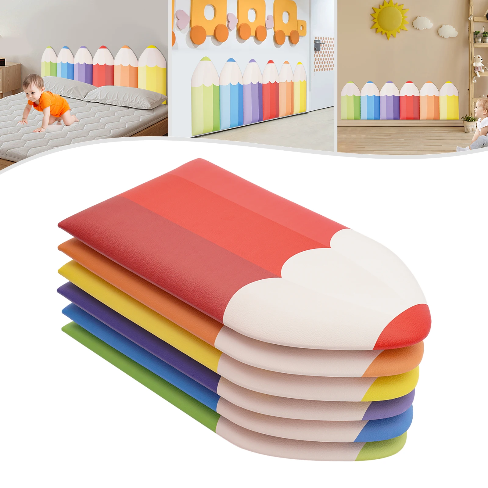 

6 Pcs 3D Pencil-Shaped Wall Padding for Kids Colorful Playroom Wall Mats Child Safety Wall Protection