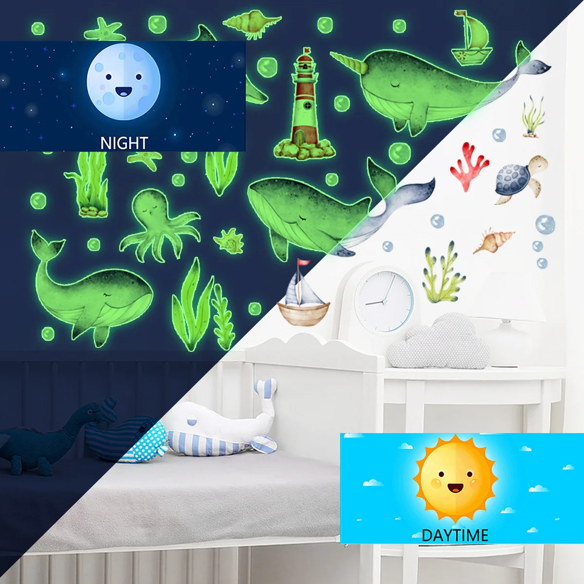 Glow-in-the-dark cartoon Sea whale seagrass glow-in-the-dark stickers for children's room decorative wall stickers self-adhesive