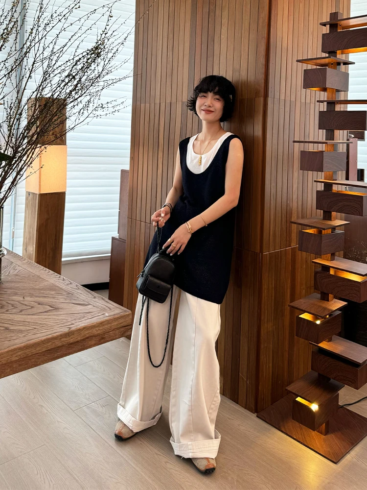 

Dai синий летний повседневный свободный женский жилет однотонный уличный тонкий топ средней длины с открытым верхом китайского производства