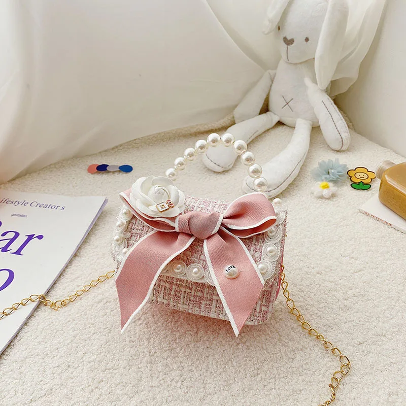 Children\'s New Trend Fashion Everything Pearl Accessories Cute Bow Girl Princess Little Fragrance Hand Chain Shoulder Bag