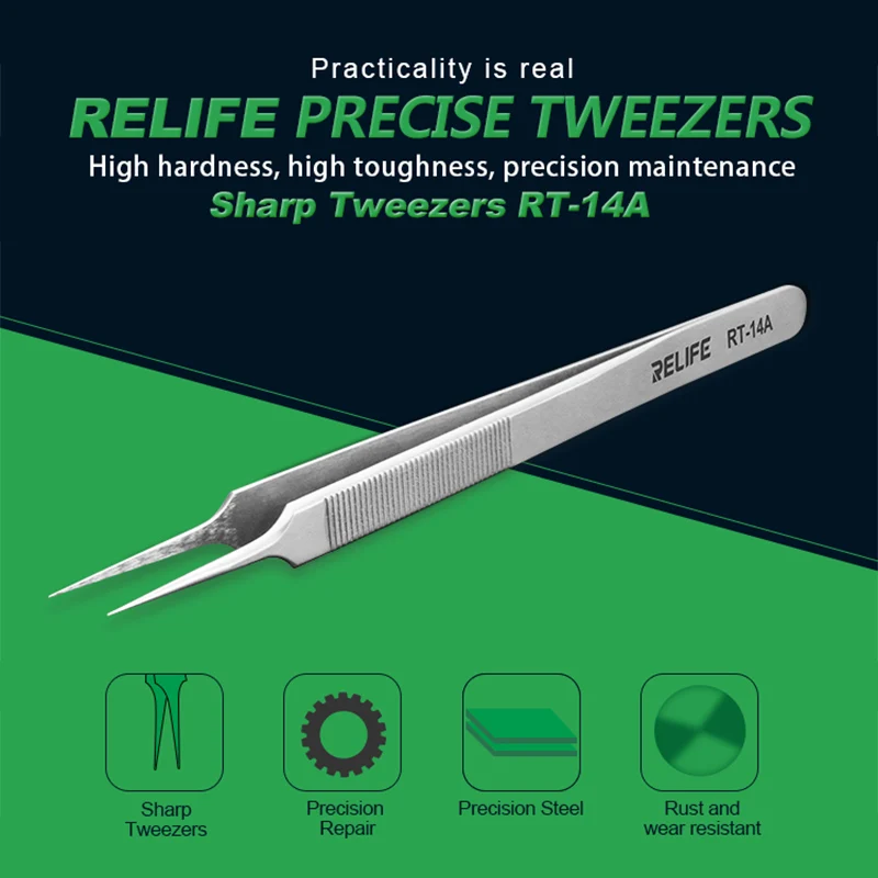 RELIFE RT-14SA RT-14A IC Chip Precise Clamping Tweezers for Mobile Phone Repair Sharp Curved Tip Flying Line Tweezers