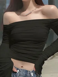 Mesh Patchwork Women Long Sleeve Crop T Shirt Ruched Off Shoulder Bodycon Sexy Elegant Streetwear 2023 Spring Summer