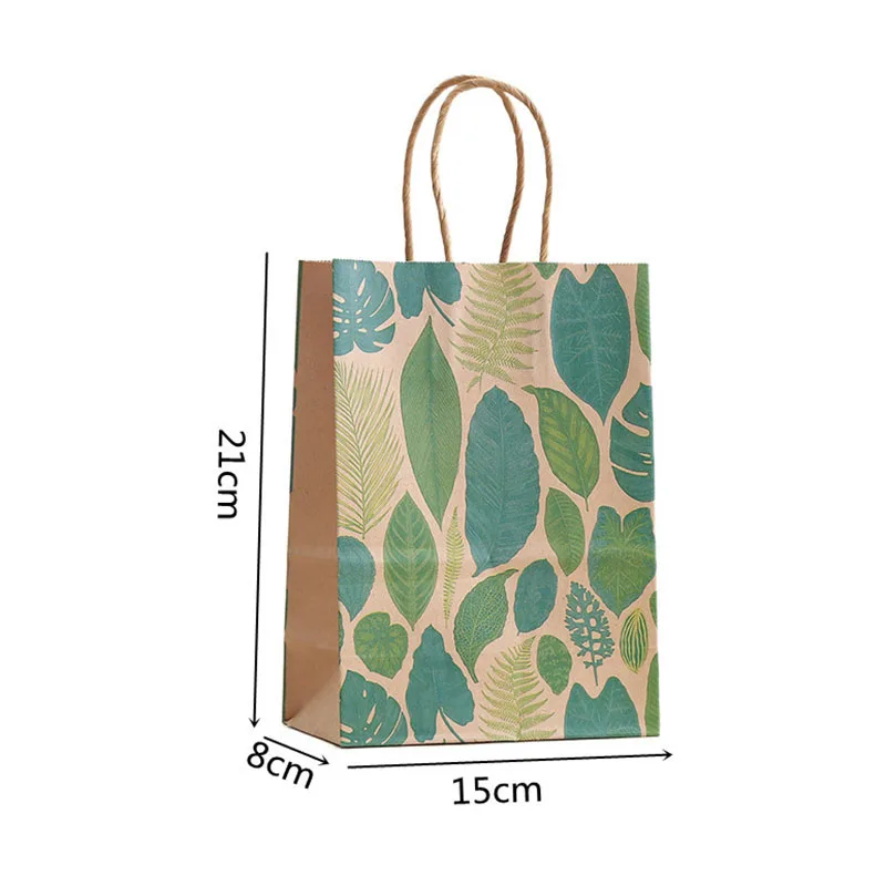 12/24Pcs Kraft Paper Forest Green Leaf Gift Bag With Handle Wedding Favor Cartoon Packaging Shopping Bag Birthday Party Supplies