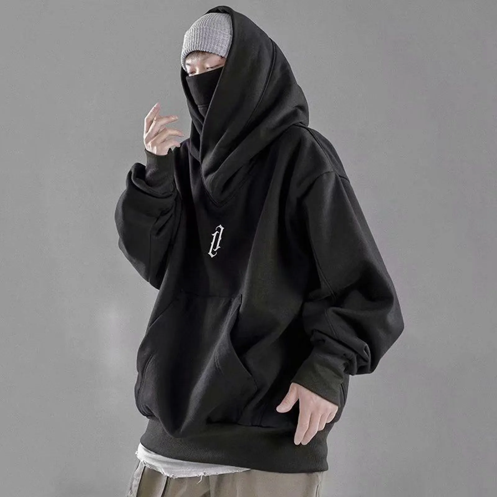 Jesienno-zimowa wysokiej bluza z kapturem i kołnierzem luźna wygodna męska odzież Harajuku odzież Streetwear w stylu hip-hop polarowa z kapturem w