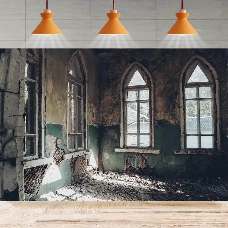 Abandoned House Ruins Photography Backdrop Shabby Room Interior Arched Windows Background Halloween Party Backdrop Wall Banner