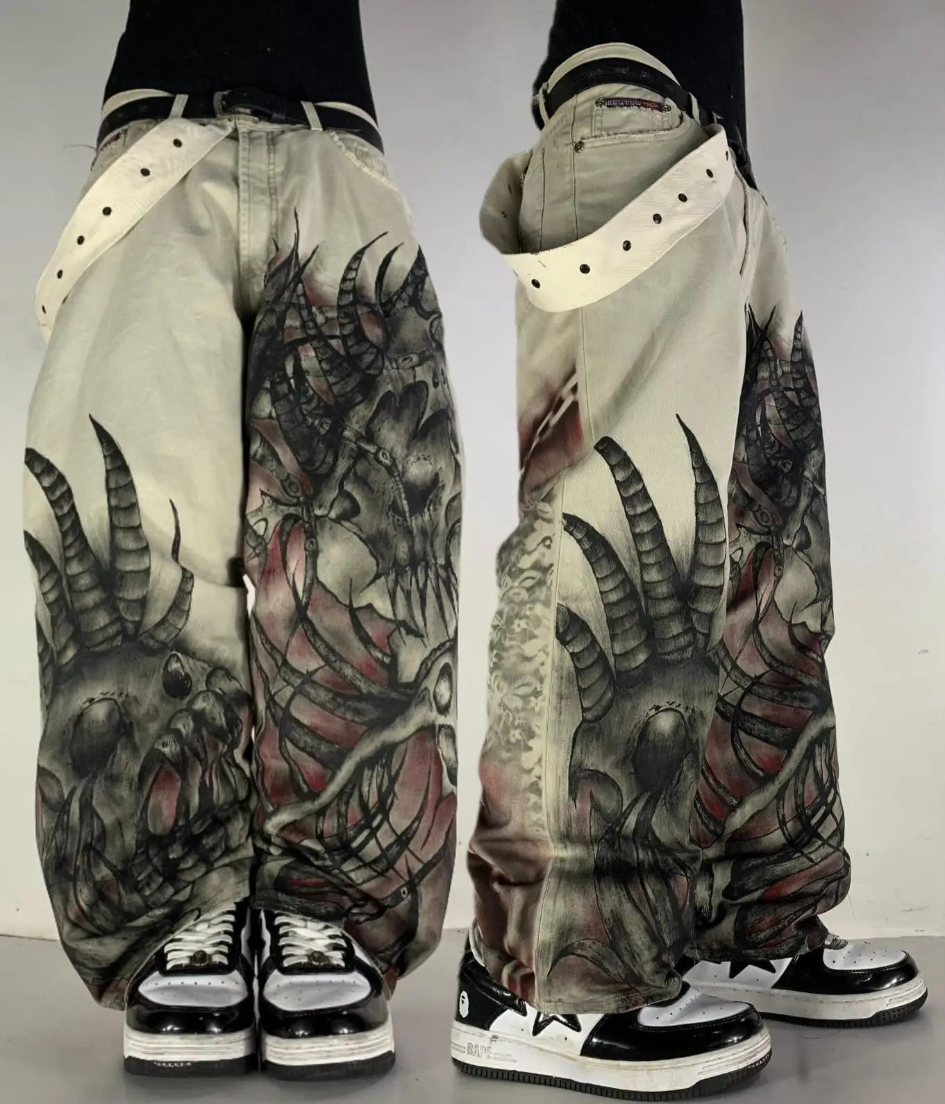 

Мешковатые джинсовые брюки в стиле Харадзюку y2K, тренд в стиле Харадзюку для мужчин и женщин, модные повседневные широкие брюки с принтом черепа, уличная одежда