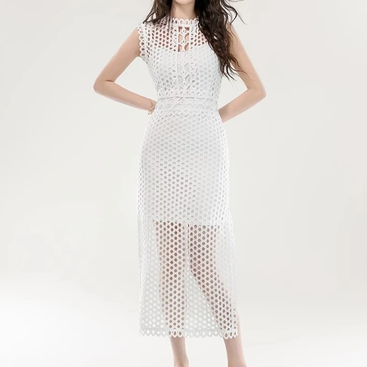 

Белое ажурное платье без рукавов, женская уличная одежда для летних каникул, шикарная одежда, женское черное платье с круглым вырезом и разрезом, облегающее платье