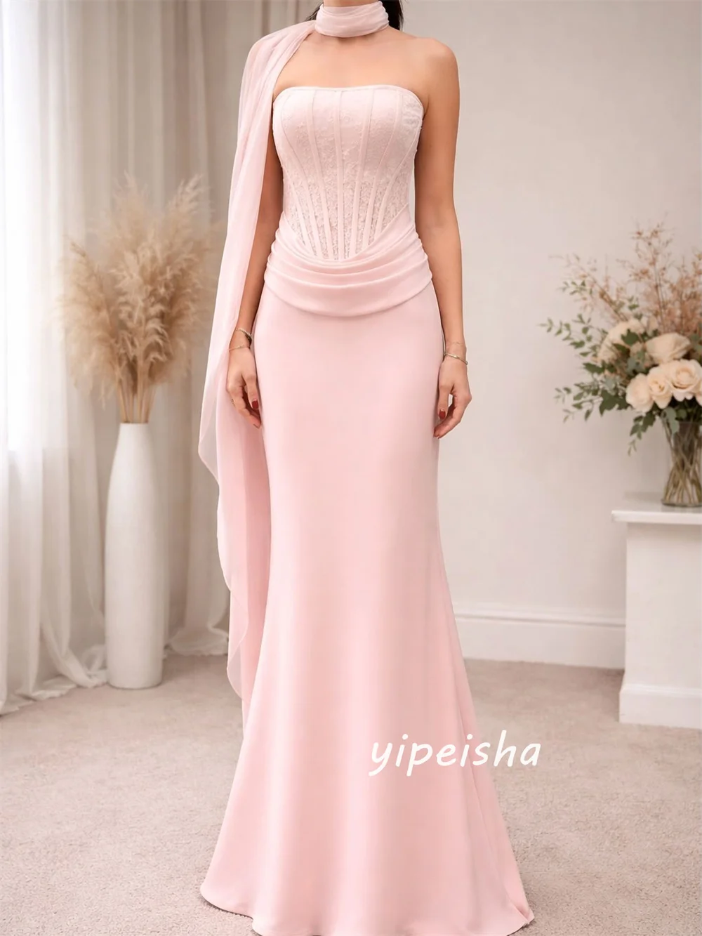 Customized High Quality Pink Matching Jersey Lace Shawl Mermaid Strapless Floor-Length Evening Dresses Exquisite for Woman