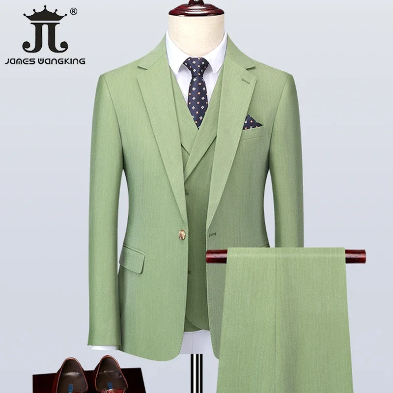 ( Jacket + Vest + Pants ) S-5XL Luxurious Men\'s Green Business Suit 3Pcs Prom Banquet Party Groom Wedding Dress Solid Color Suit