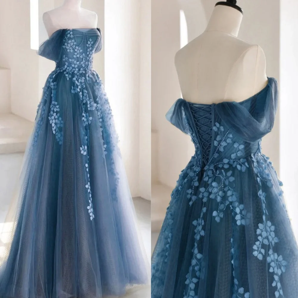 Organza Applique Formal Evening A-line Off-the-shoulder Bespoke Occasion Gown Long Dresses