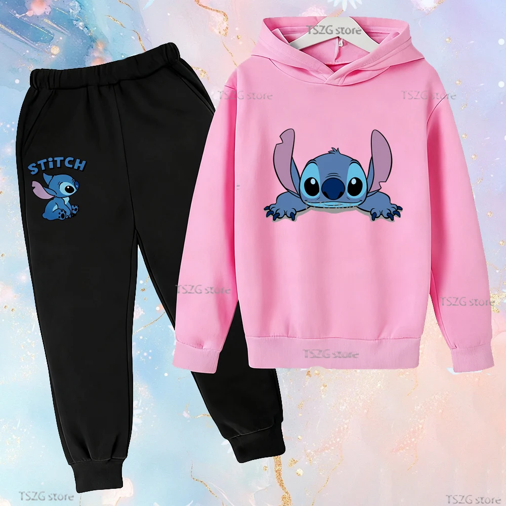

Kawaii Disney Stitch Hoodies Sets Long Sleeve Sweatshirts Set Casual Pullover Set Boy Girl Tracksuit Pants Suits Brand Clothes
